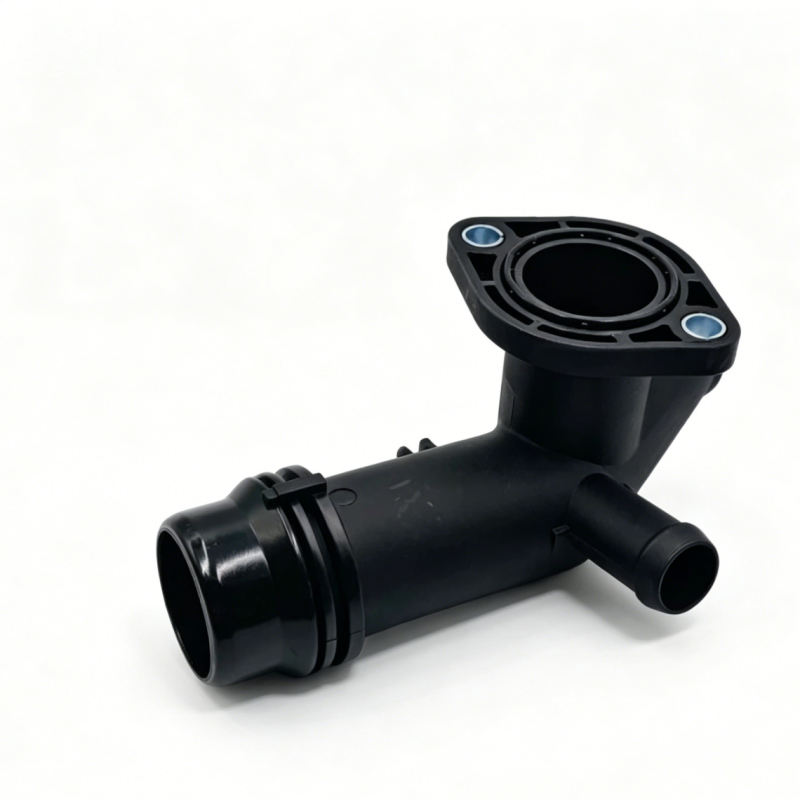Black coolant hose elbow with round inlet coupling and flange opening