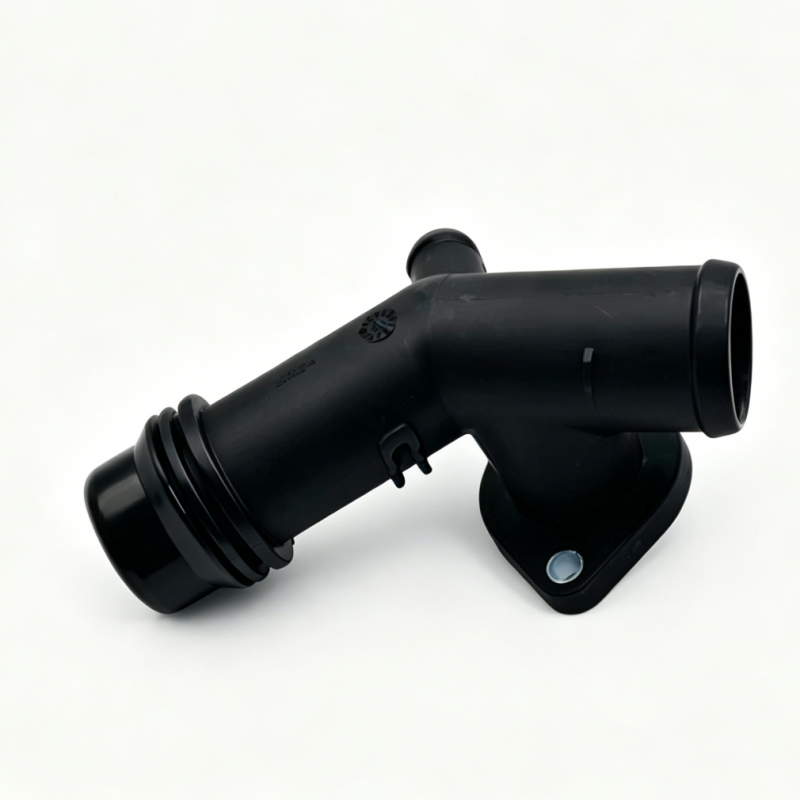 Black coolant hose with angled outlet and mounting tab