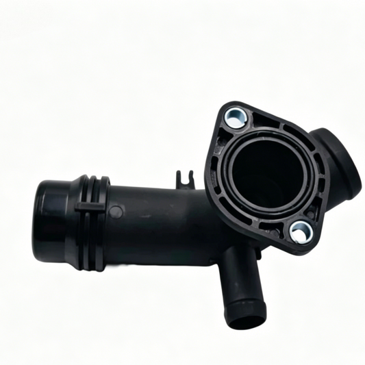 Black coolant hose with circular flange port and two bolt holes