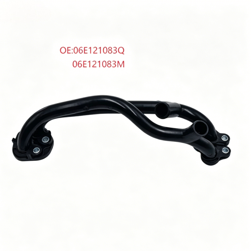 Black coolant hose assembly with curved tube and side outlet connectors
