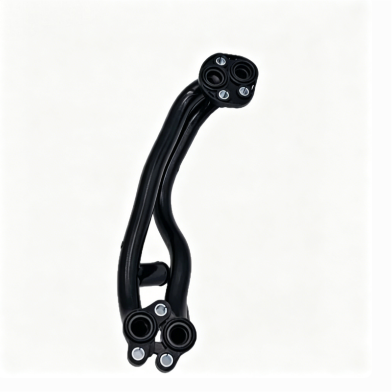 Black coolant hose with multiple mounting ports and metal brackets