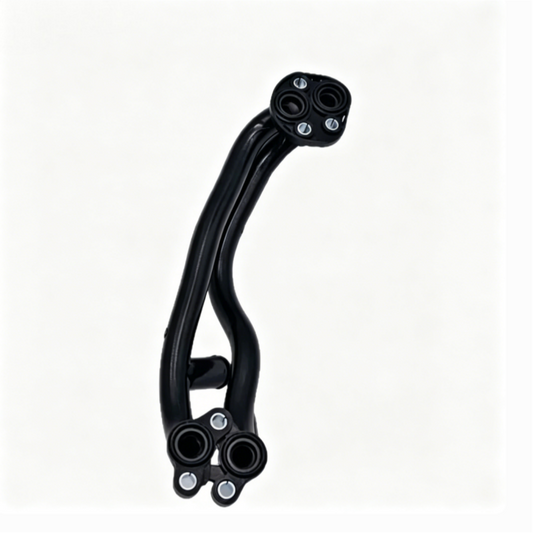 Black coolant hose with multiple mounting ports and metal brackets