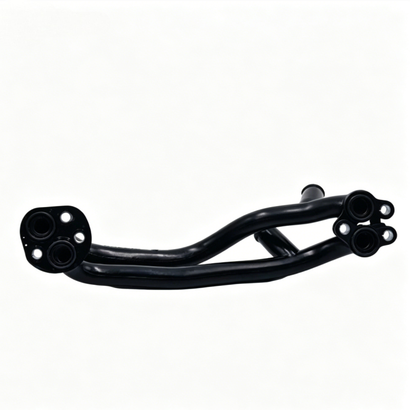 Black coolant hose with two outlet fittings and three mounting connectors