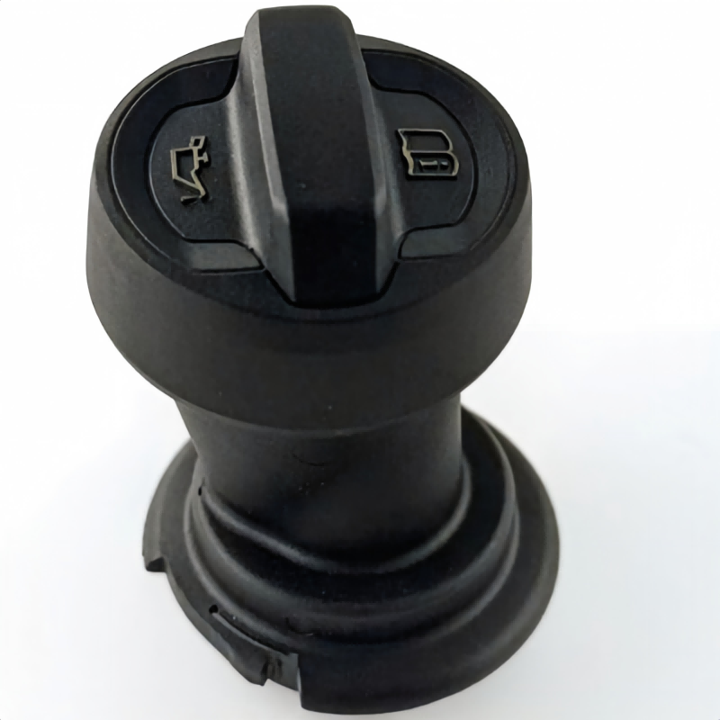 Engine oil filler cap, black plastic, close-up of bayonet tabs and latch icons
