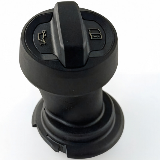 Engine oil filler cap, black plastic, close-up of bayonet tabs and latch icons