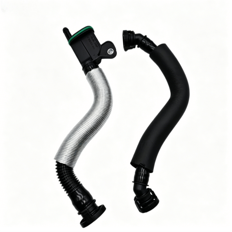 Engine oil separator hose set with black intake tube and silver corrugated section