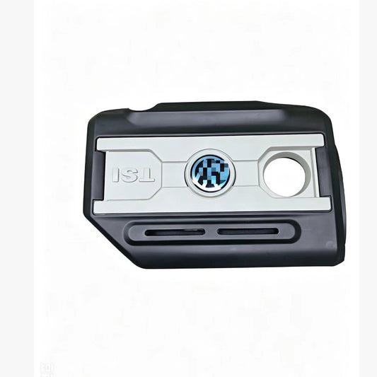 Black plastic engine cover with VW logo and vent cutouts