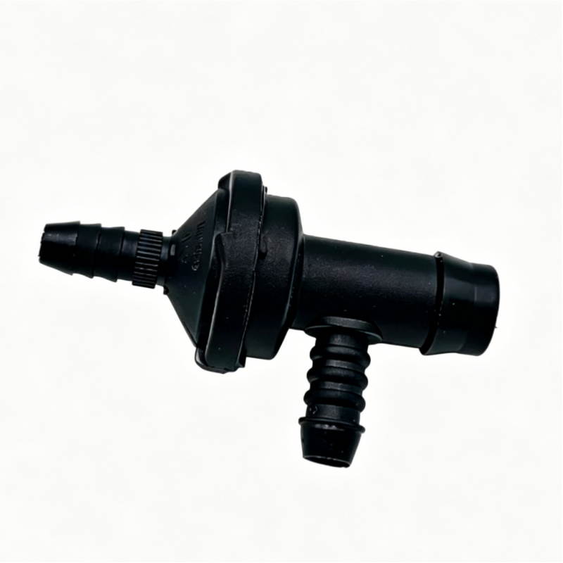 Black vacuum check valve with multiple hose ports and side barb