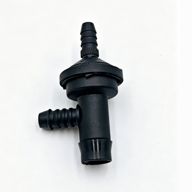 Black vacuum check valve with hose barbs and inlet outlet fittings