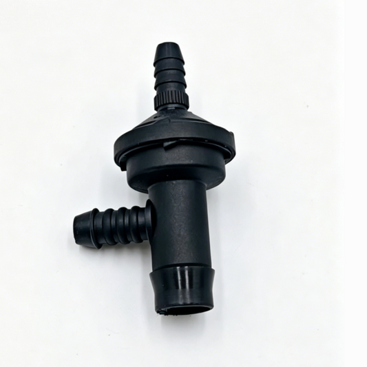 Black vacuum check valve with hose barbs and inlet outlet fittings