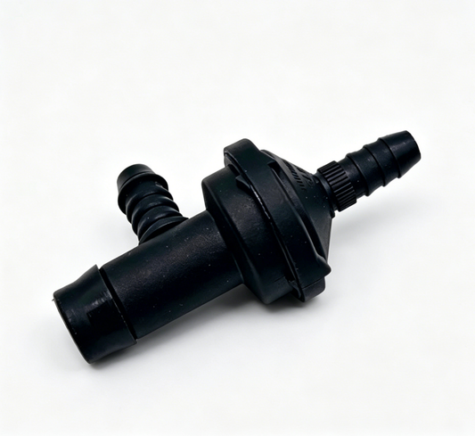 Black vacuum check valve with molded hose connections, angled view