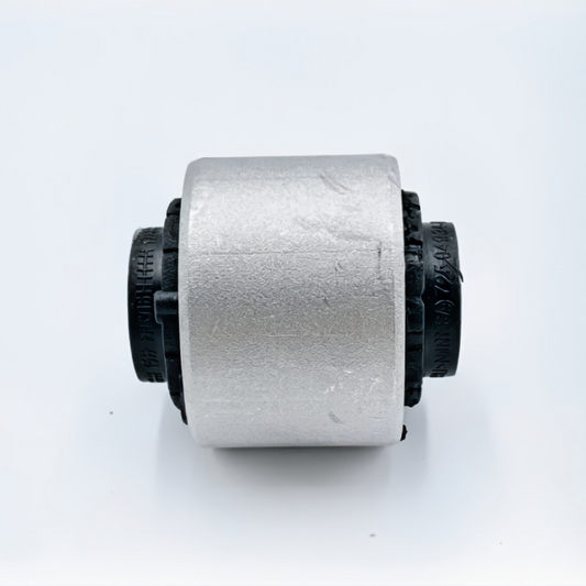 Control arm bushing: silver cylindrical sleeve with black rubber end rings