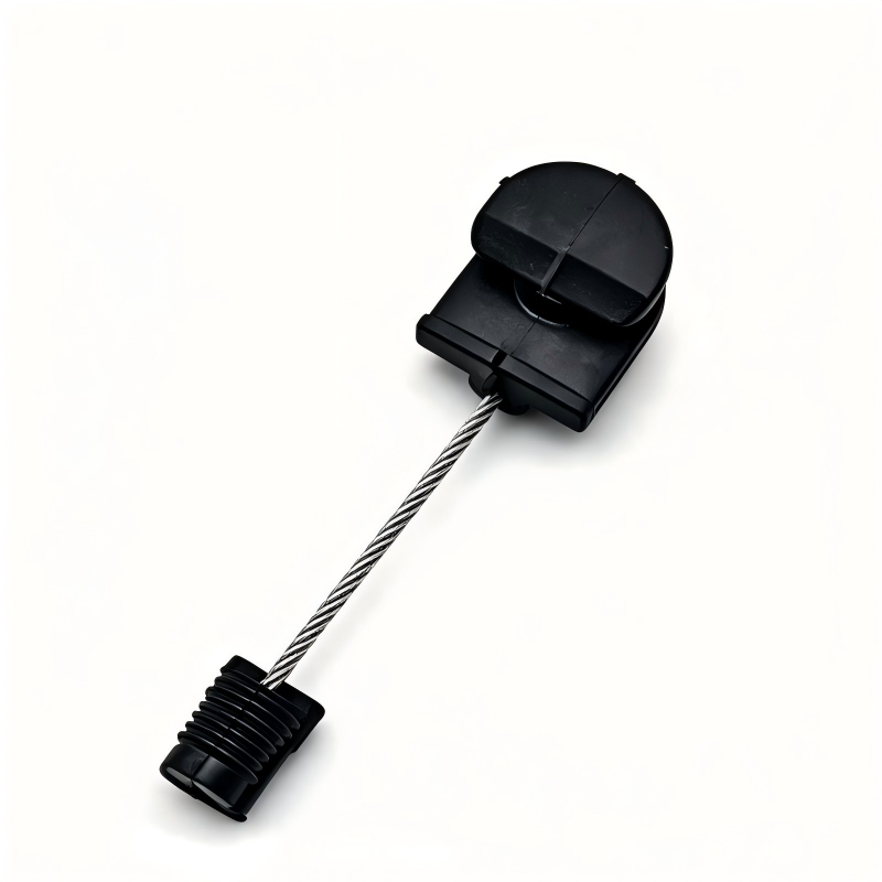 Door lock cable with black plastic latch housing and braided metal cable