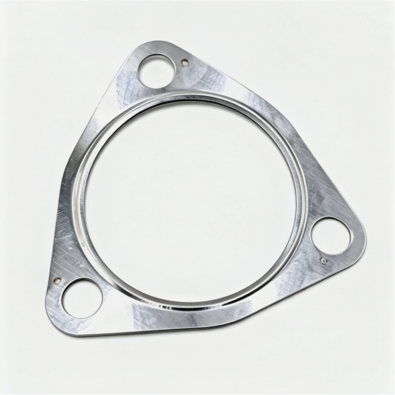 Exhaust gasket with triangular metal plate, circular sealing ring, and four bolt holes