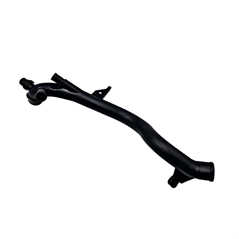 Coolant hose with T-junction port, flange mount, and molded elbows, black rubber