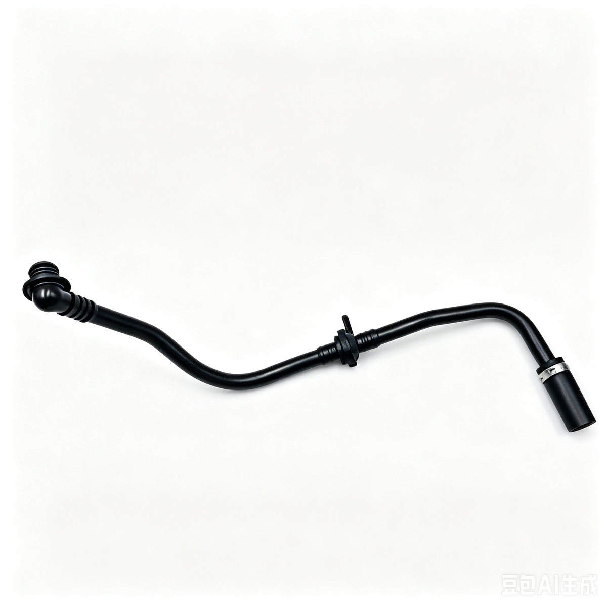 Crankcase vent hose with molded rubber line and angled outlet pipe on right