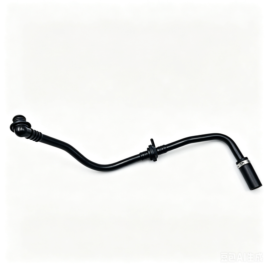 Crankcase vent hose with molded rubber line and angled outlet pipe on right