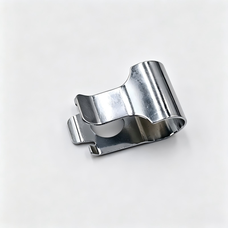 Silver metal turbo wastegate actuator linkage clip with curved body and latch tab