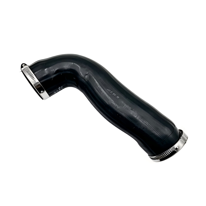 Black turbo boost pipe with two metal clamp bands, curved rubber hose