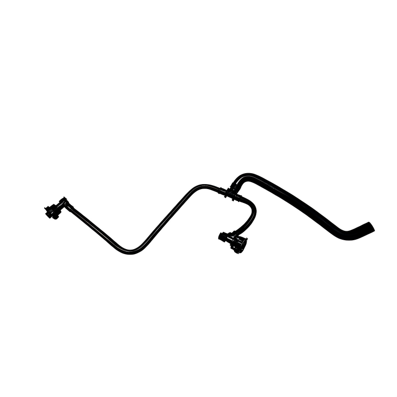 Coolant reservoir hose with multiple bends and two hose clips, black rubber