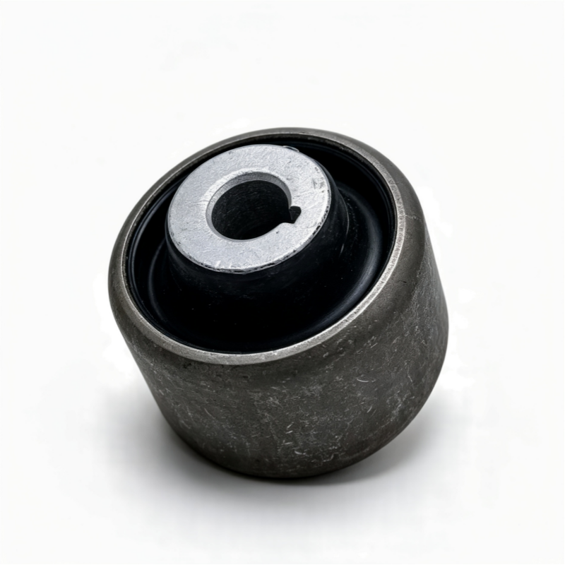 Control arm bushing assembly with black rubber and gray metal housing
