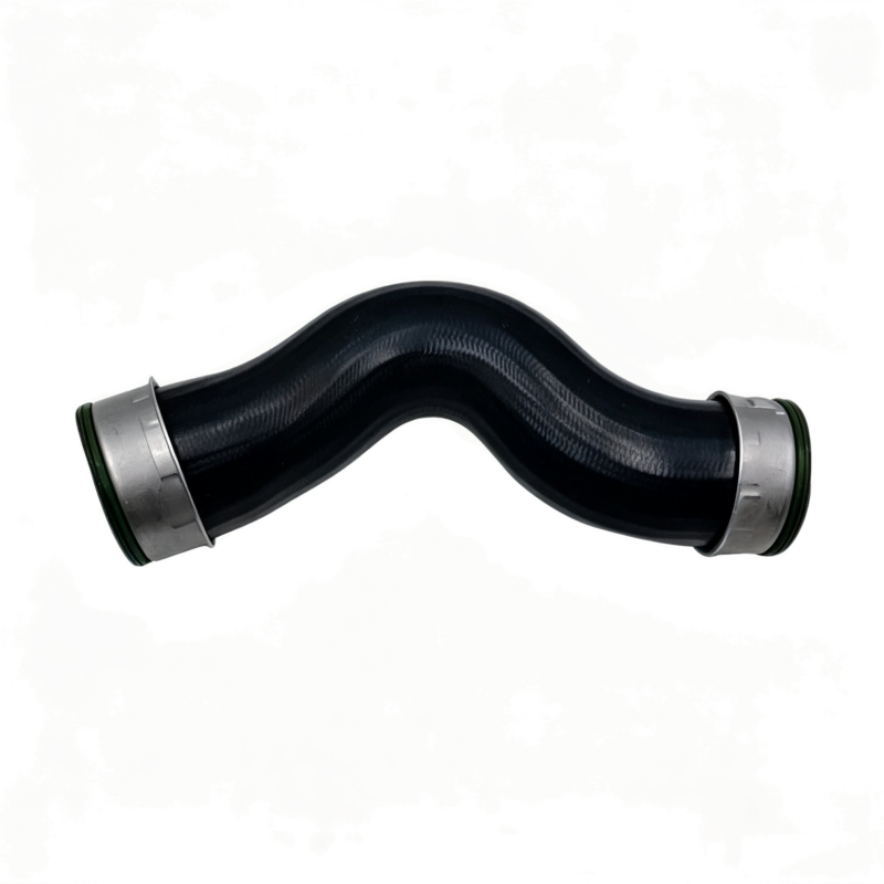 Curved black turbo boost pipe with two metal ends and green seal rings