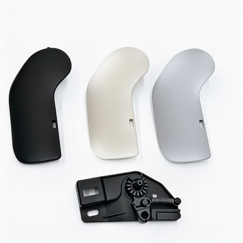 Car hood latch handle set in black, white, and silver with visible spring mechanism
