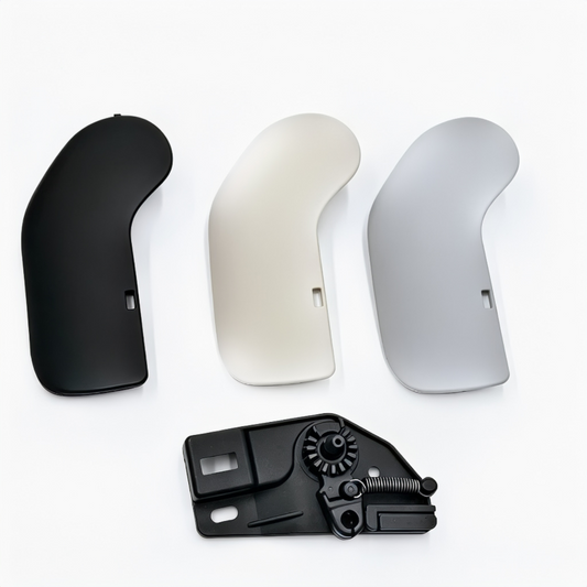 Car hood latch handle set in black, white, and silver with visible spring mechanism