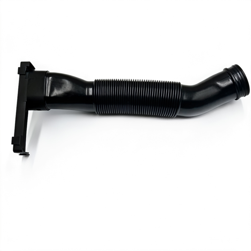 Black air intake hose with curved shape and corrugated middle section