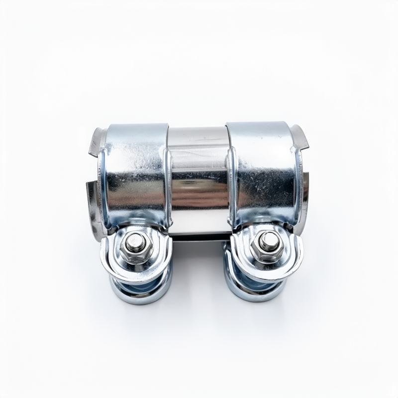 Exhaust pipe clamp, silver metal coupler with two lower screw mounts for exhaust pipes