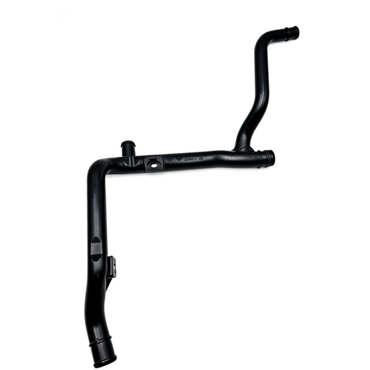 Black coolant hose with mounting bracket and vertical outlet