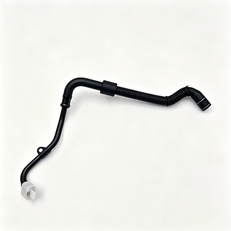 Black turbo boost hose pipe with curved shape, ribbed middle, and two outlet ends