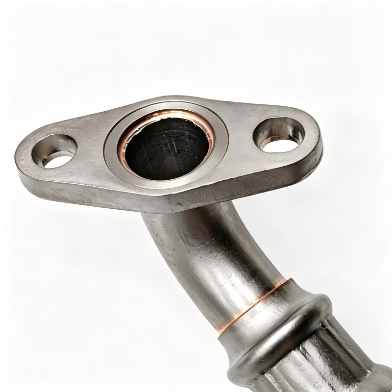 Turbocharger oil line flange with oval mounting hole and curved metal pipe