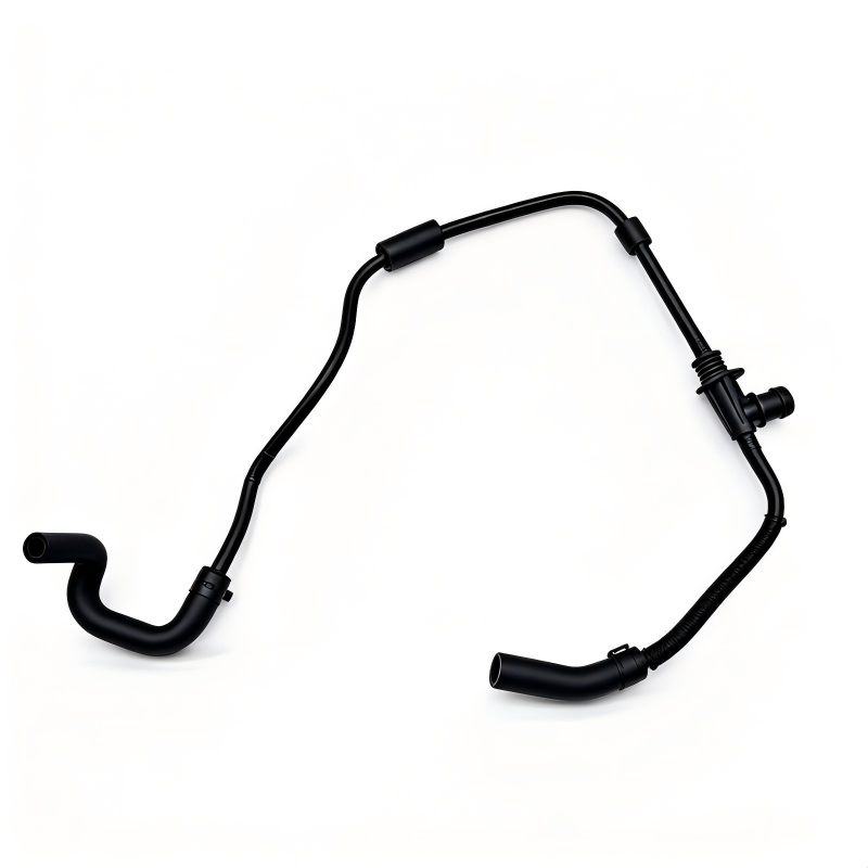 Black coolant hose assembly with multiple curved sections and barbed ends
