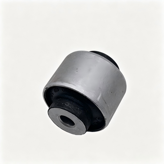 Control arm bushing with black bushing ring, metal outer shell, side view