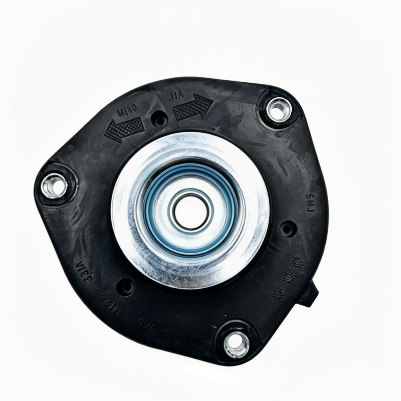 Black front strut mount with silver center bearing plate and four mounting bolts, circular