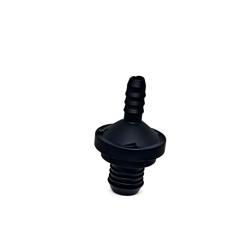 Black vacuum check valve with circular base and short hose nipple