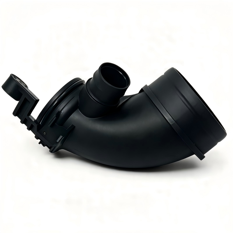 Black curved air intake hose with side outlet and mounting tabs