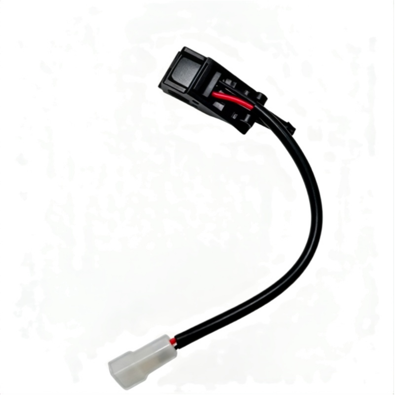 Windshield washer nozzle wiring harness with black cable and translucent nozzle tip