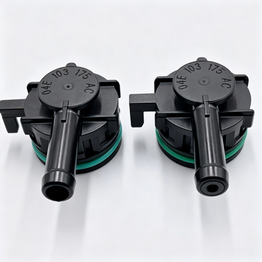 Crankcase ventilation valve pair, black housings with green ring and metal spout outlets