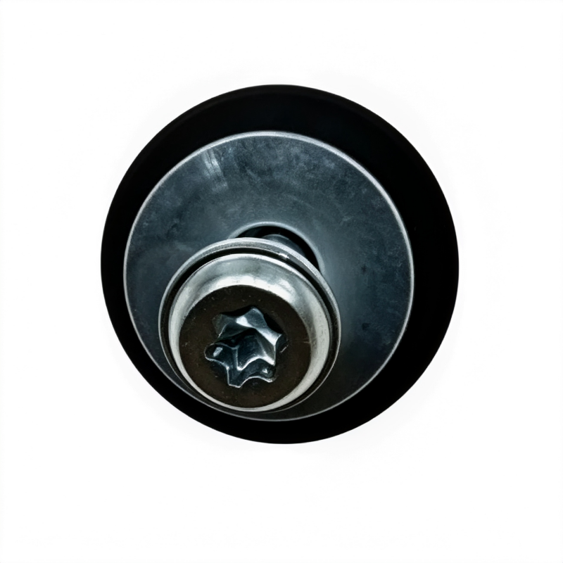 Black rubber pulley with central hex bolt and metal housing, close-up