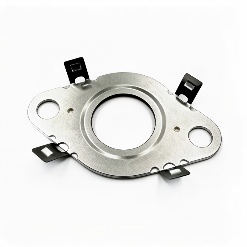 Oil line seal support plate with large round opening and four metal mounting tabs