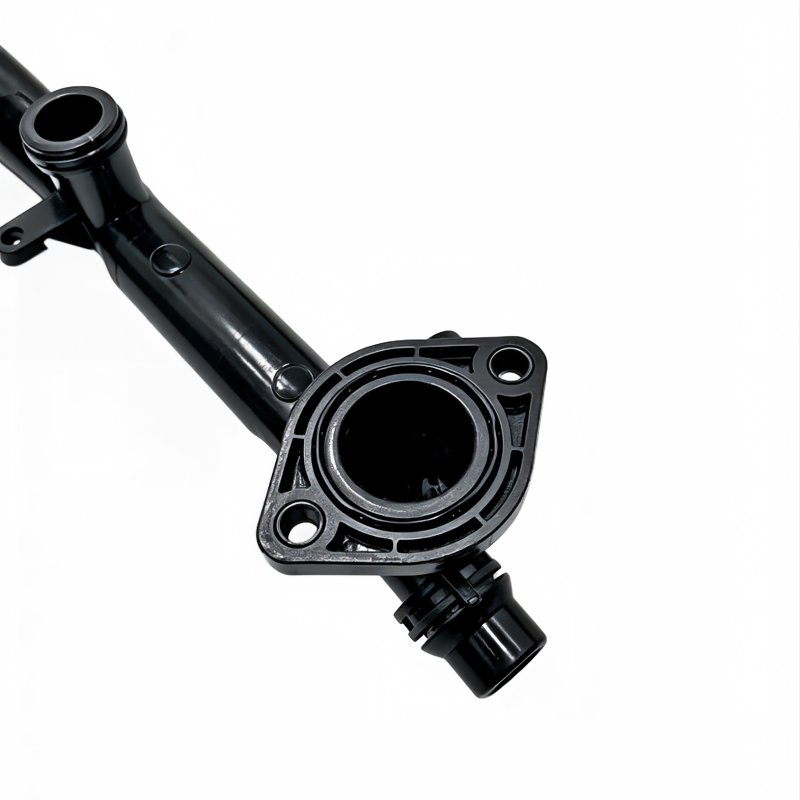 Black coolant pipe end with circular flange and hose connector