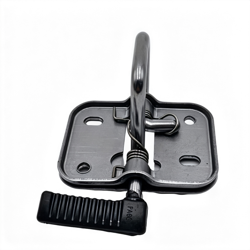 Silver hood latch with tall release lever and black grip pad