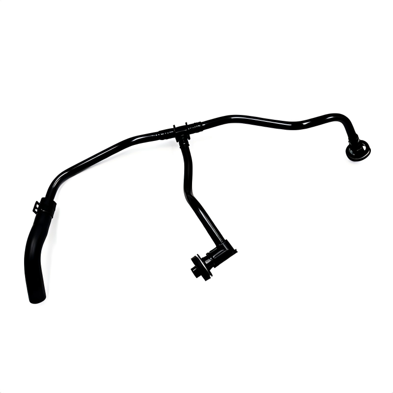 Coolant reservoir hose with black curved tubing and inline plastic connector