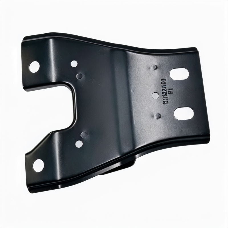Dark hood latch bracket with hook shape and mounting holes on side plate