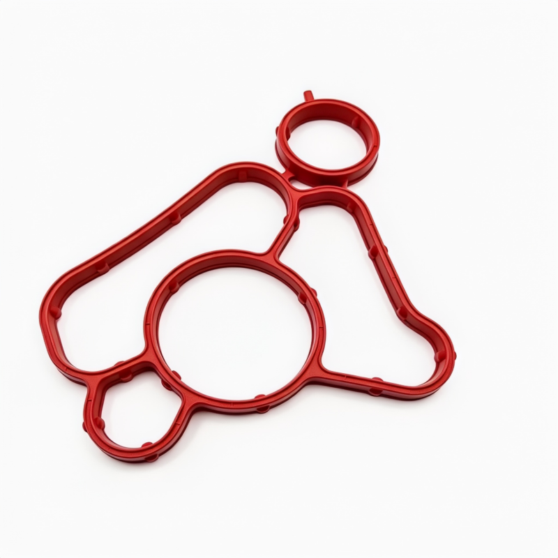 Oil filter housing gasket, red rubber gasket with large central round opening and two smaller rings