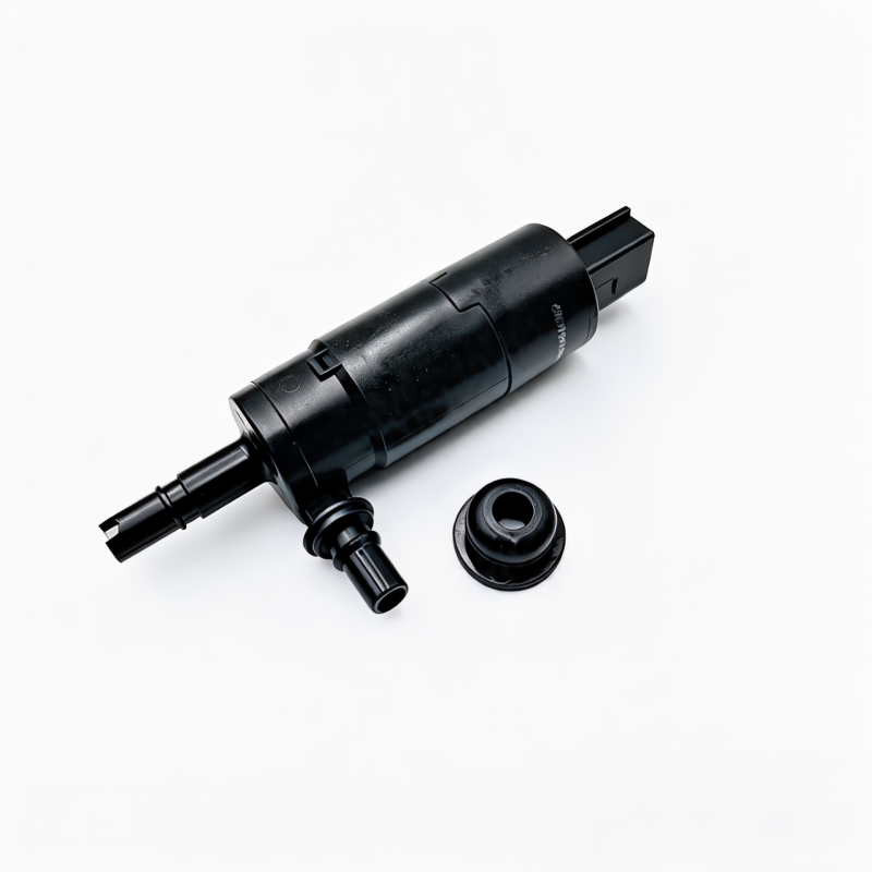 Windshield washer pump with outlet hose, connector plug, and rubber seal