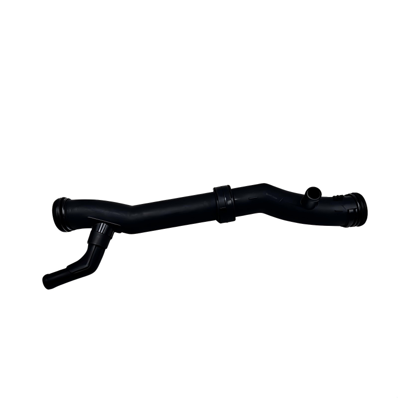 Black coolant hose with three-way shape and clamp band at center