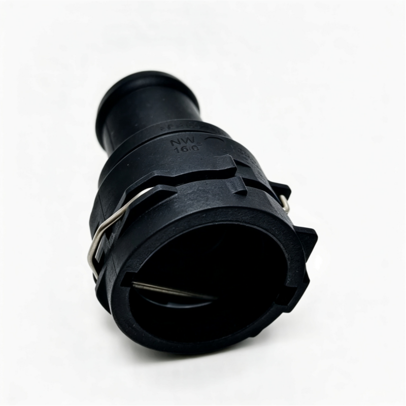 Heater coolant hose connector showing black cylindrical outlet and metal clamp ring